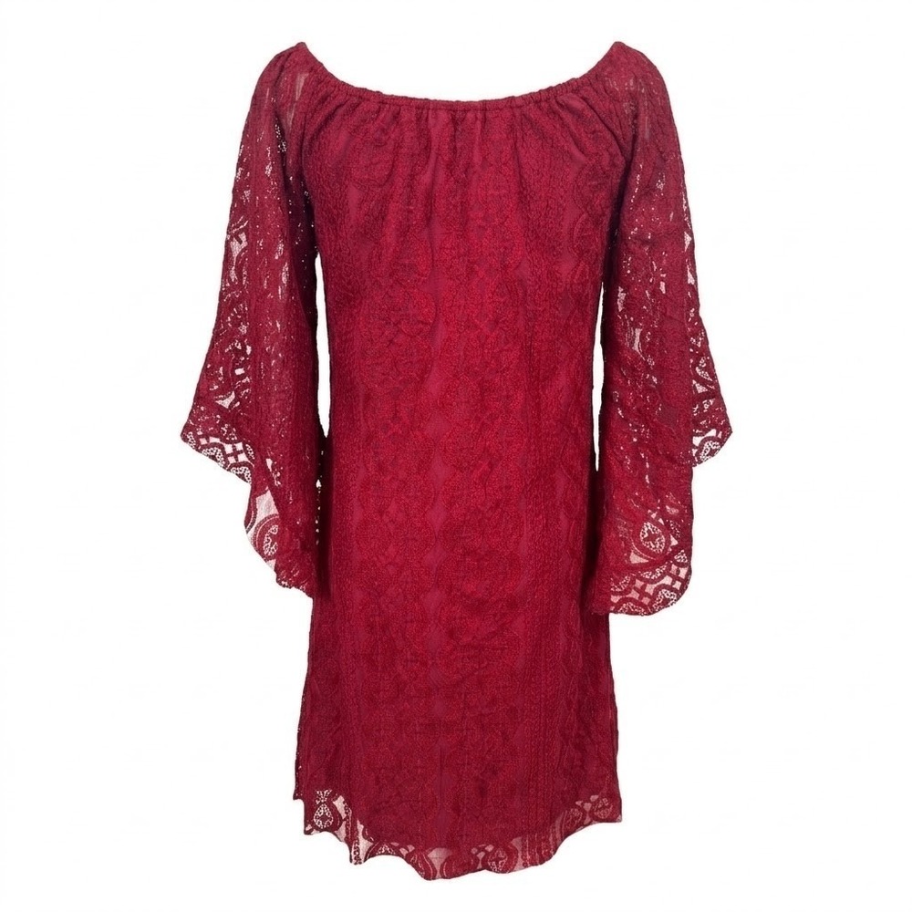 NEW Altar'd State LARGE Burgundy Lace Bell Sleeve Shift Dress - AC - Picture 10 of 11